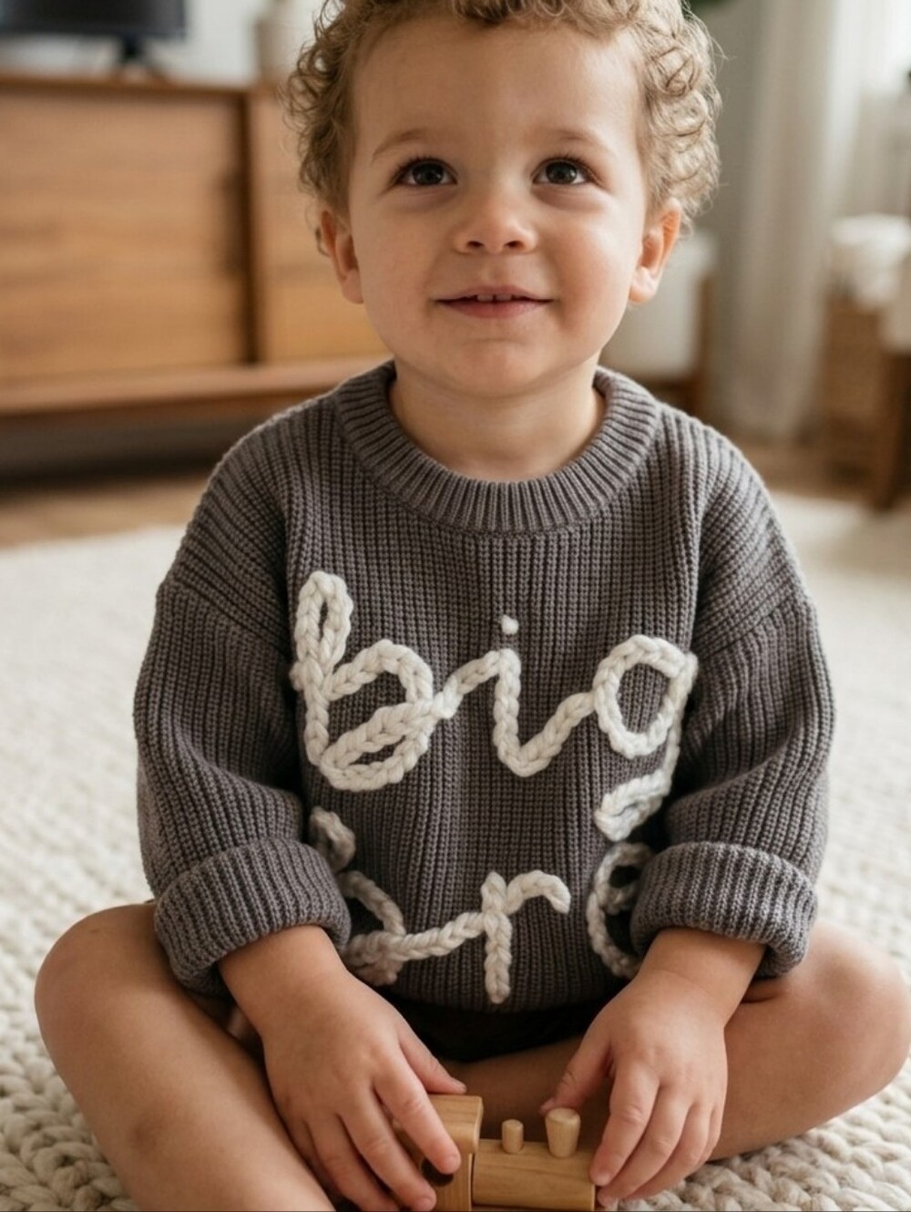 100% Cotton Gray Knit Sweater with White 'Big Bro' Design